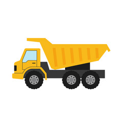 Fototapeta premium A bright yellow dump truck illustrated in a clean, flat design style, isolated on a white background, perfect for construction or transportation concepts.