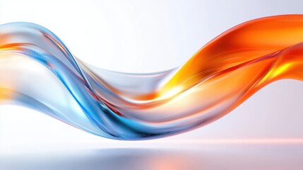 Smooth flowing abstract ribbon-like shapes in translucent blue and orange hues creating a dynamic and fluid motion against a light background
