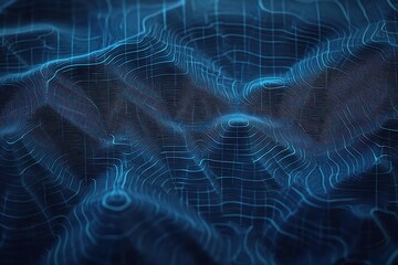 Abstract digital terrain map with glowing blue contour lines creating a 3D grid representation of mountainous landscape