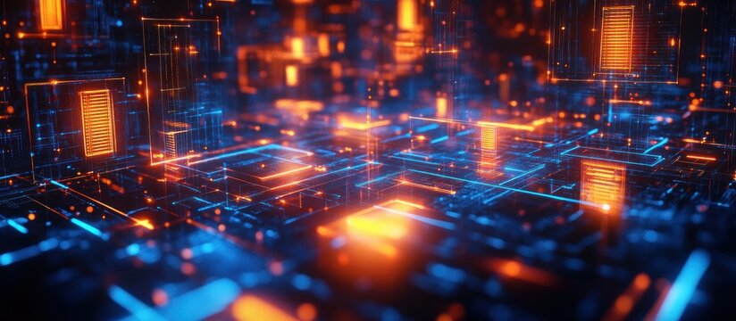 Futuristic digital cityscape with glowing orange and blue data grids and abstract circuit-like neon lines evoking a high-tech and cybernetic atmosphere