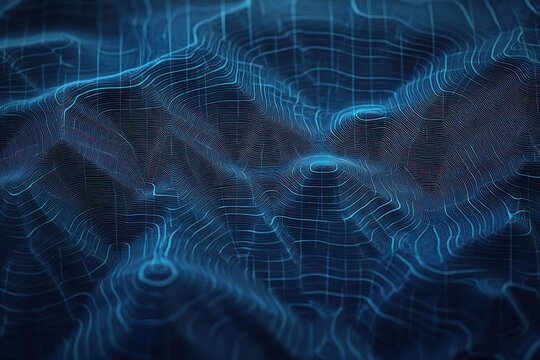 Abstract digital terrain map with glowing blue contour lines creating a 3D grid representation of mountainous landscape