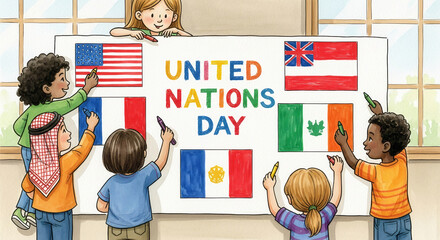 Children Celebrating United Nations Day by Drawing World Flags – Multicultural Education Concept