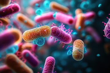 Close-up view of colorful rod-shaped bacteria with hair-like projections and spherical viruses in a microscopic environment illustrating microbial interaction