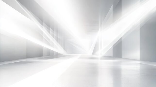 Bright white minimalist futuristic interior space with light beams and reflective floor creating abstract geometric shapes and a sense of openness