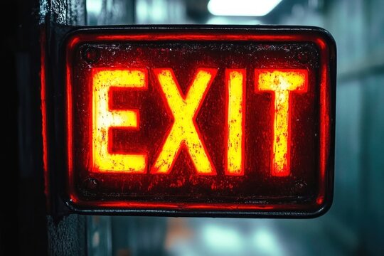 Glowing red illuminated exit sign mounted on a dark wall in a dimly lit hallway, suggesting urgency and direction to leave