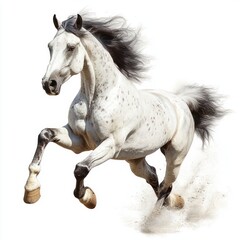 Fototapeta premium powerful white horse with dark spots galloping energetically against a white background, mane and tail flowing wildly conveying strength and freedom