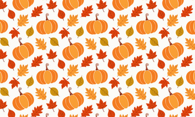 Cute autumn seamless pattern with pumpkins, maple and oak leaves, Festive Thanksgiving and Halloween vector background