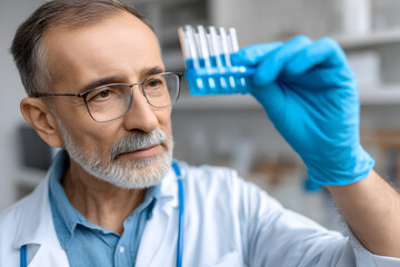 Experienced male scientist examining test tubes in laboratory with focused expression
