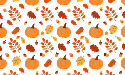 Cute autumn seamless pattern with pumpkins, oak leaves, and acorns, Festive Thanksgiving harvest vector background