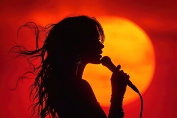silhouette of a woman singing passionately into a microphone with flowing hair against a large vibrant orange sun during sunset