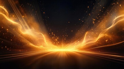 abstract glowing golden light waves and particles radiating against a dark starry background creating a dynamic and magical energy effect