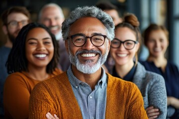 Fototapeta premium Group of diverse, smiling adults standing closely together with a middle-aged man in front wearing glasses and a mustard cardigan, feeling happy and confident