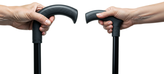 Two hands holding special canes for walking on transparent background  