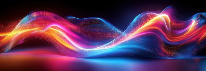 Vibrant flowing waves of light in pink, orange, purple, and blue hues creating a smooth abstract glowing surface with dynamic movement and energy
