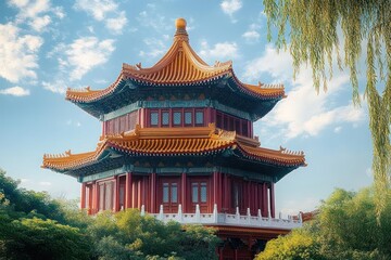 Obraz premium Traditional Asian pagoda with ornate orange-tiled roofs and red wooden structure surrounded by lush green trees under a partly cloudy blue sky