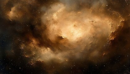 Expansive glowing cosmic nebula with dense clouds of gas and dust illuminated by warm golden light surrounded by numerous stars in deep space
