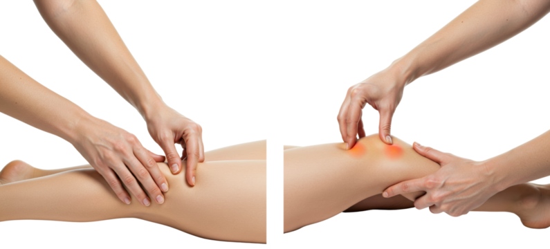 Hands applying pressure and massage on knee joint injury on transparent background  