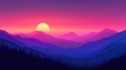 Obraz premium Serene Sunset Over Layered Mountains and Forest Silhouette