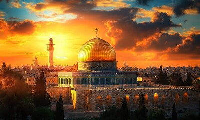 Golden dome of a large religious building illuminated by a vibrant sunset sky with dramatic clouds over a historic cityscape with towers and trees