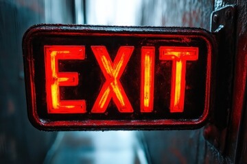 Illuminated red exit sign glowing brightly in a dimly lit narrow corridor with textured walls