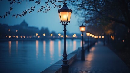 Evening scene of a calm riverside pathway illuminated by glowing street lamps with blurred city lights and reflections in the water creating a peaceful atmosphere