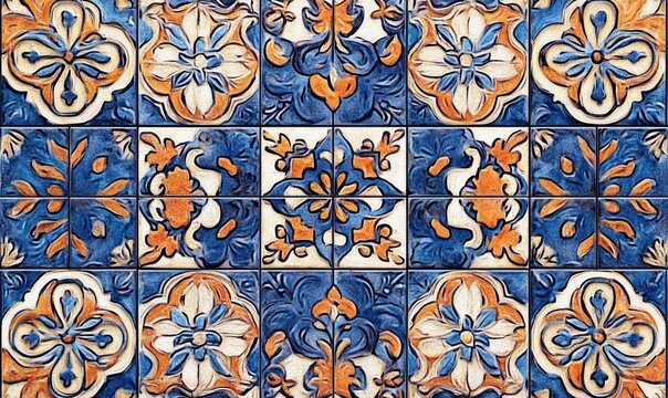 Close-up view of a decorative ceramic tile pattern featuring symmetrical floral and geometric designs in blue, white, and orange tones - Powered by Adobe