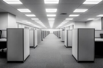 Empty office space with rows of cubicles under bright fluorescent lighting, creating a sterile and quiet atmosphere