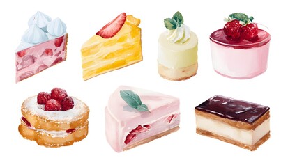 flat lay of various bakery cakes and pastries, isolated on white background, top view, elegant desserts, watercolor style