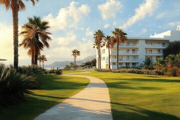 Obraz premium Curved walkway through lush green lawn with tall palm trees leading to a modern white multi-story building under a bright blue sky with scattered clouds