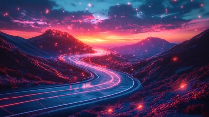 A glowing futuristic road winding through dark mountainous terrain under a vibrant sunset sky with pink and purple clouds and floating glowing particles