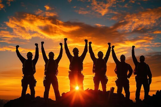 Silhouettes of six construction workers celebrating with raised fists against a dramatic orange sunset sky - Powered by Adobe