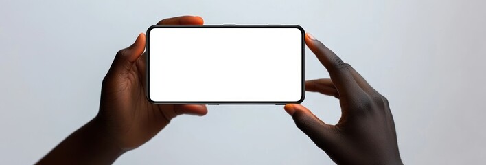 Fototapeta premium Close-up of two hands holding a smartphone horizontally with a blank white screen against a plain background