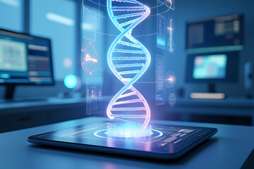 A glowing dna helix emerges from a digital tablet in a modern laboratory, surrounded by holographic data displays, representing the cuttingedge advancements in genetic research and technology