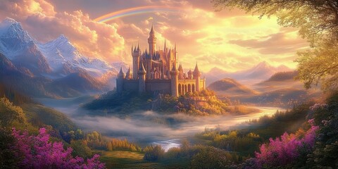 Majestic medieval castle atop a hill surrounded by lush colorful forests under a golden sunset sky with a rainbow and misty mountains in the distance, evoking wonder and serenity