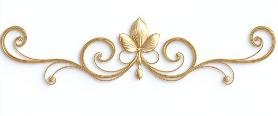 Elegant golden ornamental divider with a central stylized leaf and flowing symmetrical swirling lines on a white background