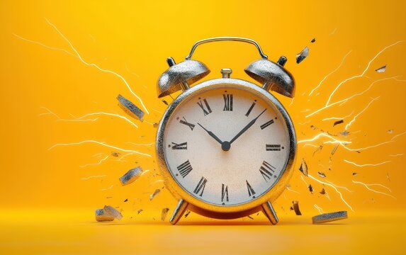 Silver classic alarm clock exploding with flying fragments and white lightning bolts on bright yellow background symbolizing time shattering