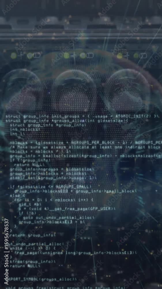 Poster animation of globe, dots and programming language over back panel of server data storage