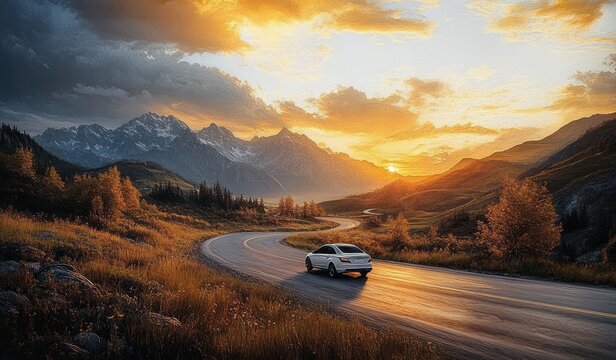 A white car driving on a winding road through golden autumn fields with mountains in the background under a dramatic sunset sky