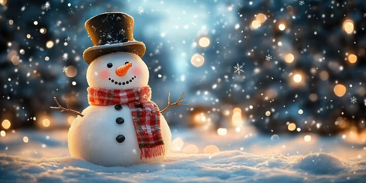 Happy snowman wearing a top hat and red plaid scarf standing on fresh snow with glowing blurred lights and falling snowflakes in a wintery evening scene