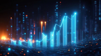 Glowing digital bar and line graphs rising against a futuristic backdrop of illuminated data points and abstract cityscape conveying growth and technology