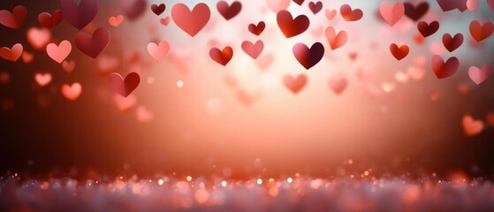 Obraz premium Red and pink paper hearts suspended against a soft glowing background with bokeh lights creating a warm and romantic atmosphere