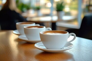 Fototapeta premium Three white ceramic cups filled with coffee on saucers arranged on a wooden table in a cozy cafe setting with blurred background