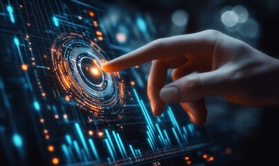 A hand interacting with a glowing circular digital interface surrounded by futuristic blue and orange data visualizations, conveying innovation and technology engagement