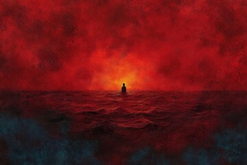 Solitary figure sitting calmly on a dark, textured ocean with turbulent waves beneath a vibrant red and orange sky evoking intense emotion and contemplation