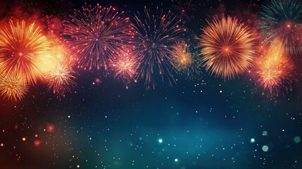 Fototapeta premium Colorful fireworks bursting rhythmically in the night sky over a dark blue background creating a festive and celebratory atmosphere