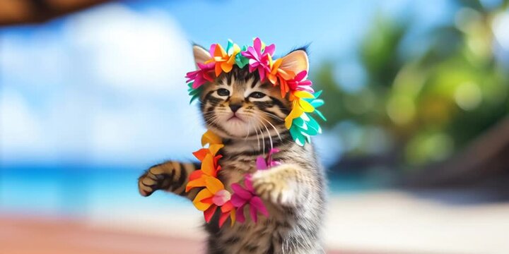 Cat doing a hawaiian hula dance in floral lei