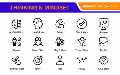 Thinking and Mindset Line Icons. Strategy, analysis, innovation, problem‑solving, rational ideas, Logic, reasoning, solutions, planning, Evaluate, solve, reason, plan with modern line‑style icons.