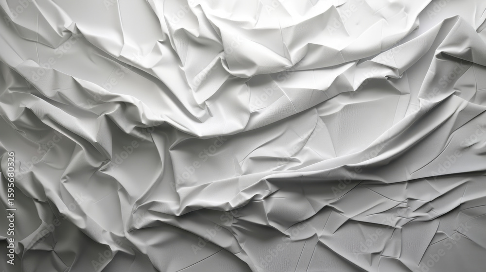 Poster crumpled white paper texture creates abstract background with intricate folds and shadows, evoking s