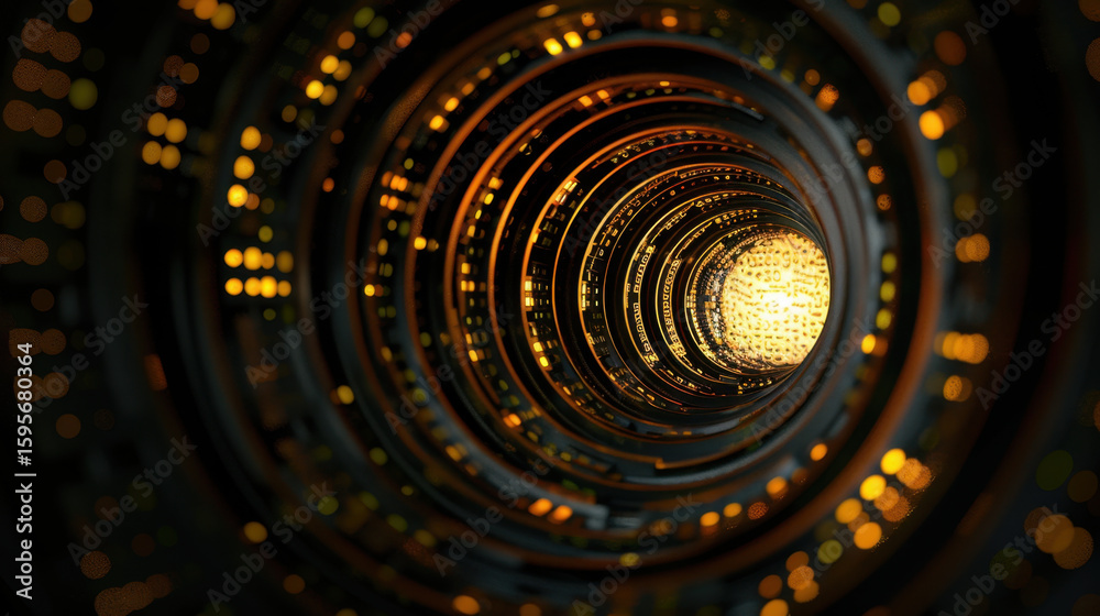 Poster abstract background with glowing lines and circular patterns, creating sense of depth and movement. 
