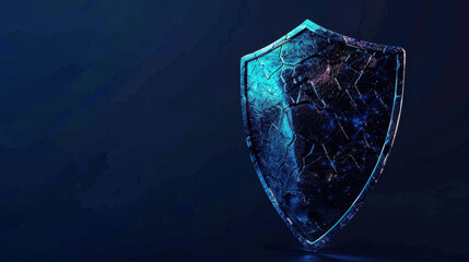 Abstract blue neon shield with secure connection, featuring cracked surface that adds depth and intrigue. This striking design symbolizes protection and security in modern context